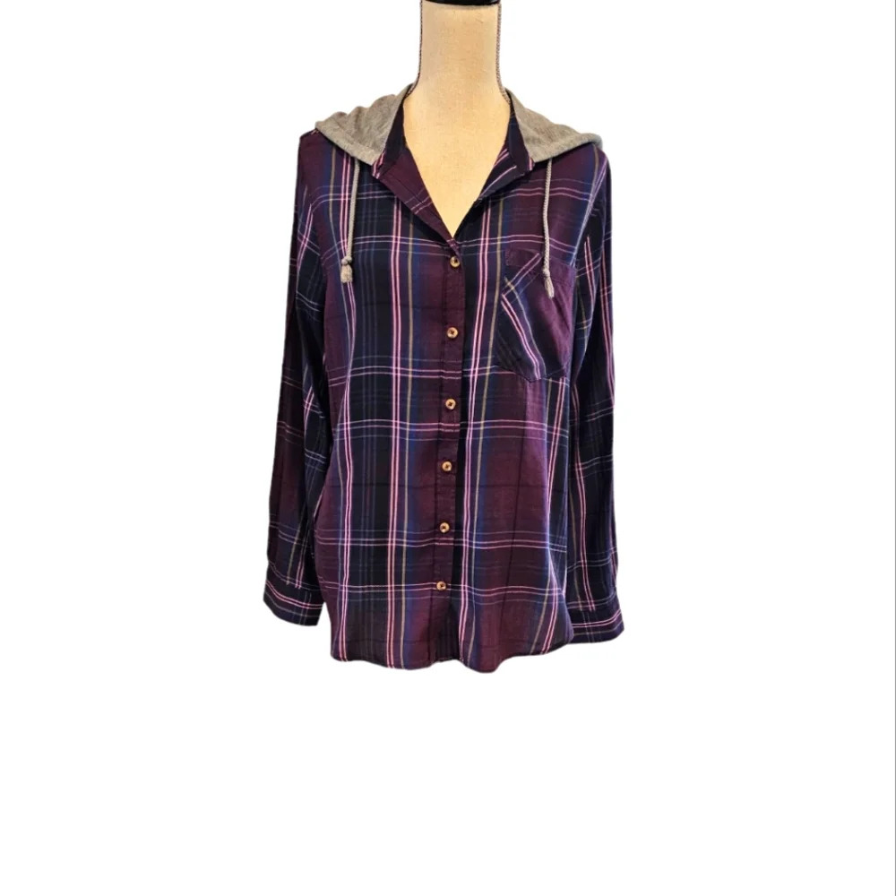 NWT Mudd Purple Plaid Hooded Button Down Shirt